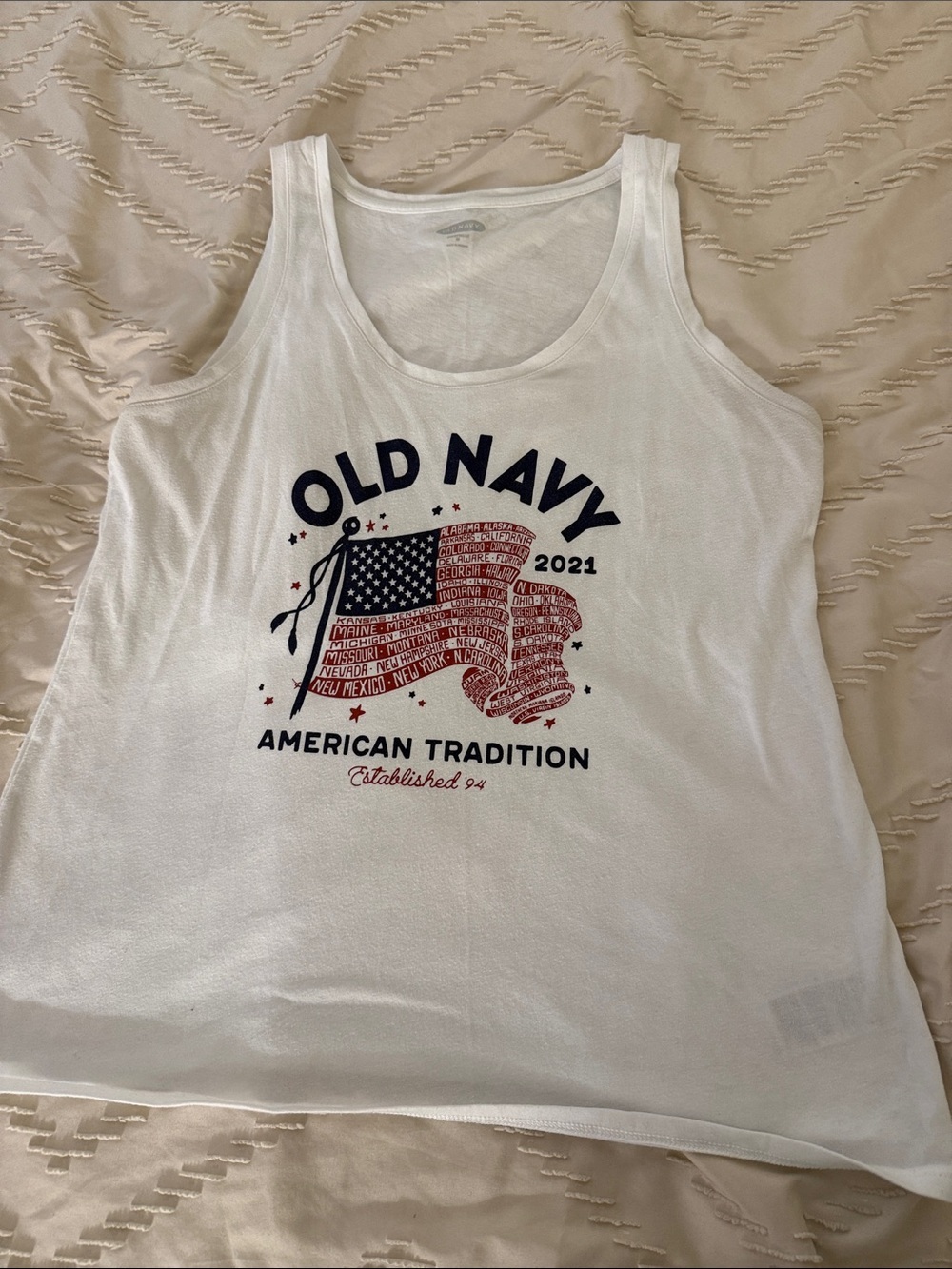 Old Navy White Tank with Red & Navy Flag Graphic